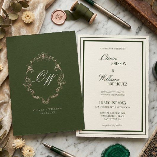 Invitation Vieux Argent Olive Vert Élégant Monogramme Mariage