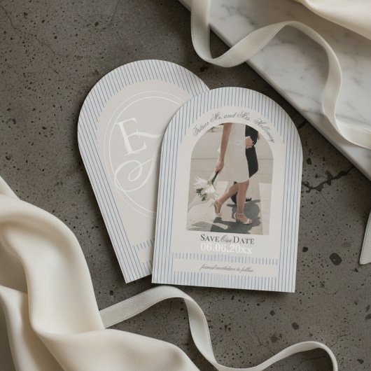 Invitation Vieux argent Script Bleu Bande Photo Enregistrer l