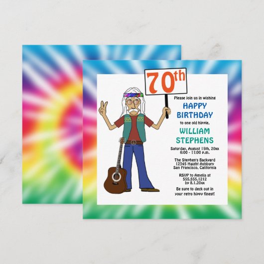 Invitation Vieux Hippie Hippy Tie Dye 70e anniversaire fête I (Devant / Derrière)