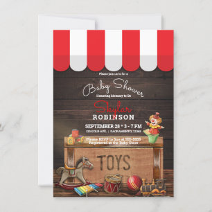Invitation Vieux Jouets Vintages Baby shower en bois