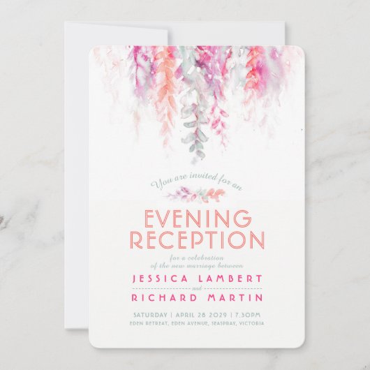 Invitation Vigne aquarelle corail rose vert soirée réception (Devant)