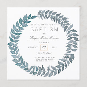 Invitation Vigne bleu acier Watercolor Wreath Baptism