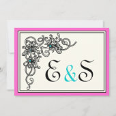 Invitation Vigne fleurie noir rose turquoise mariage (Devant)