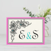 Invitation Vigne fleurie noir rose turquoise mariage (Debout devant)