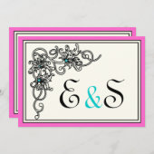 Invitation Vigne fleurie noir rose turquoise mariage (Devant / Derrière)