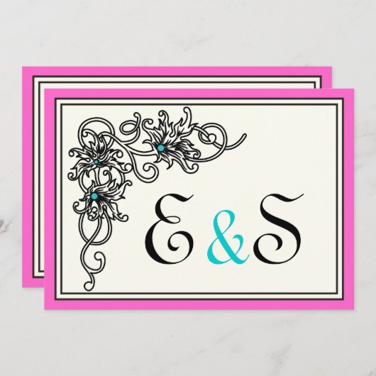 Invitation Vigne fleurie noir rose turquoise mariage (Devant / Derrière)