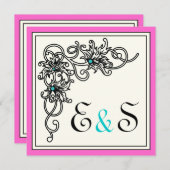 Invitation Vigne fleurie noir rose turquoise mariage (Devant / Derrière)