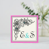 Invitation Vigne fleurie noir rose turquoise mariage (Debout devant)