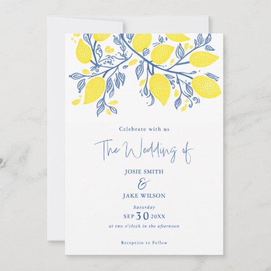 Invitation Vignes bleu clair et jaune citron assez mariage (Devant)