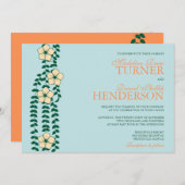 Invitation Vignes florales bleues et orangées -faire-part de (Devant / Derrière)