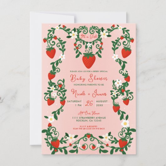 Invitation Vignes florales roses et rouges Baby shower aux fr (Devant)