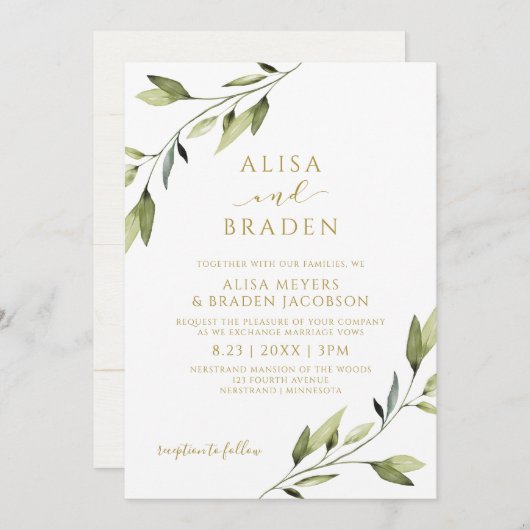 Invitation Vignes mariage Fairytale Verdure or Aquarelle (Devant / Derrière)