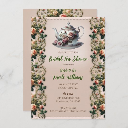 Invitation Vignes rose rose Shabby Vins Floral Thé nuptiale D (Devant / Derrière)