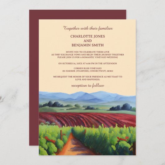 Invitation Vignoble rustique Mariage couleur vin (Devant / Derrière)