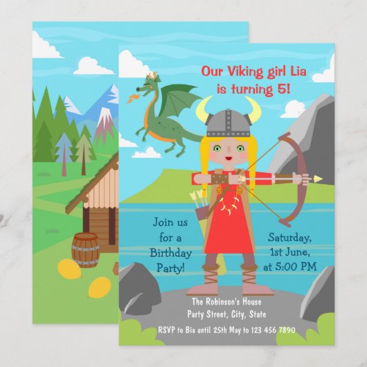 Invitation Viking Girl avec dragon fête d'anniversaire (Devant / Derrière)