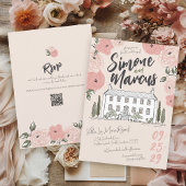 Invitation Villa florale verte et rose dessinée à la main uni