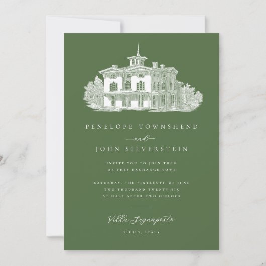 Invitation Villa italienne Illustration Mariage vert olive (Devant)