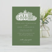 Invitation Villa italienne Illustration Mariage vert olive (Debout devant)