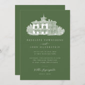 Invitation Villa italienne Illustration Mariage vert olive (Devant / Derrière)