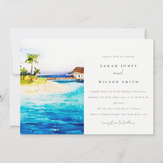 Invitation Villa Tropical Overwater Seascape Beach Mariage (Devant)