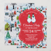 Invitation Village de Noël Snowmen Couple Skate Red (Devant / Derrière)