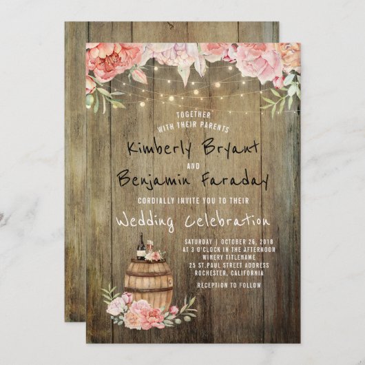 Invitation Vin Barrel Boho Rustic Barn String Lumières Mariag (Devant / Derrière)