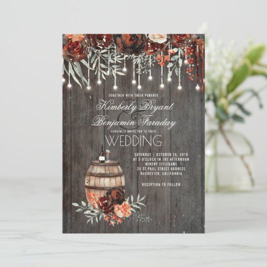 Invitation Vin Barrel Rustique String Lumières Mariage Bourgo (Debout devant)