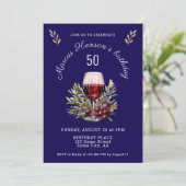 Invitation Vin Bleu Verre Olive Aquarelle 50e anniversaire (Debout devant)