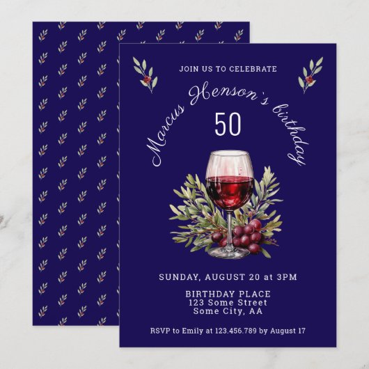 Invitation Vin Bleu Verre Olive Aquarelle 50e anniversaire (Devant / Derrière)