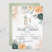 Invitation Vin Bouteille Verre Chic Vert Roses Points (Devant / Derrière)