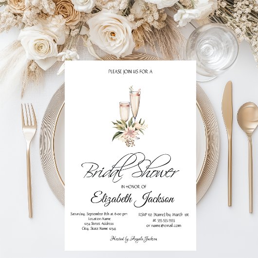 Invitation Vin Bouteille Verre rose Fête des mariées florale