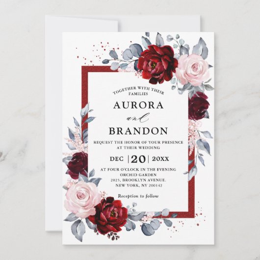 Invitation Vin de Bourgogne Dusty Blue Slate Floral Mariage (Devant)