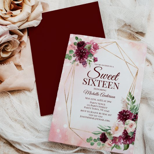 Invitation Vin de Bourgogne Or Boho Aquarelle Floral Sweet 16