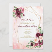 Invitation Vin de Bourgogne rose et or Floral Premier anniver (Devant)