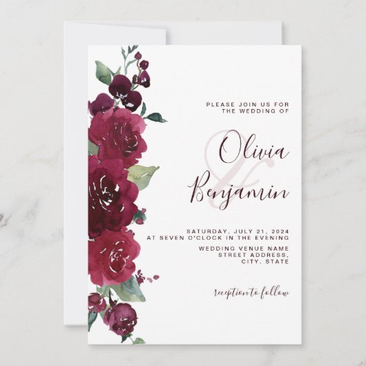 Invitation Vin de Bourgogne Rouge Marsala Mariage Floral (Devant)