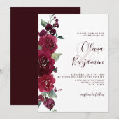 Invitation Vin de Bourgogne Rouge Marsala Mariage Floral (Devant / Derrière)