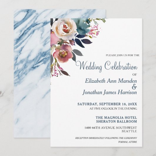 Invitation Vin de Champagne bleu Dusty Mariage Floral (Devant / Derrière)