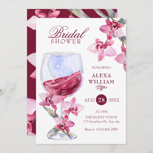Invitation Vin d'orchidée florale aquarelle douche nuptiale (Devant / Derrière)