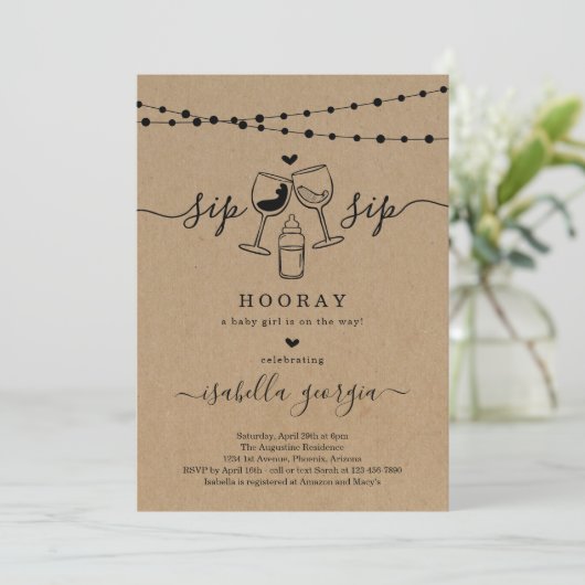 Invitation Vin drôle Sip Sip Baby shower d'heure (Debout devant)