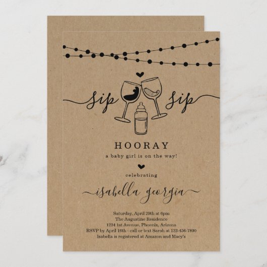 Invitation Vin drôle Sip Sip Baby shower d'heure (Devant / Derrière)