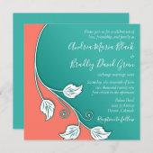 Invitation Vin feuillus Turquoise, Mariage blanc corail (Devant / Derrière)