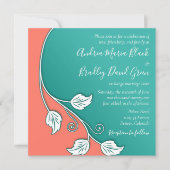 Invitation Vin feuillus Turquoise, Mariage blanc corail (Devant)