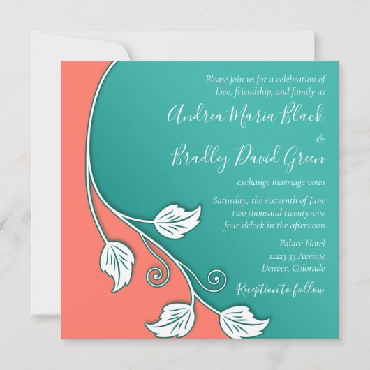 Invitation Vin feuillus Turquoise, Mariage blanc corail (Devant)