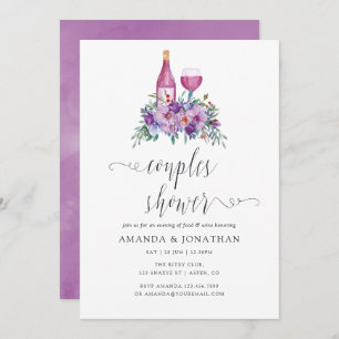 Invitation Vin Floral Violet Dégustation Couples Douche