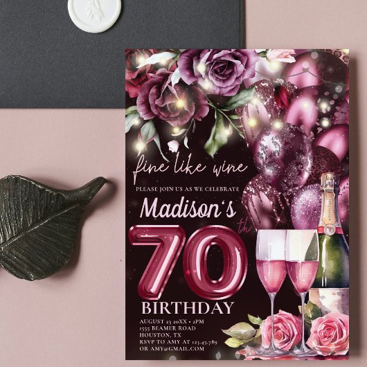 Invitation Vin Magenta de luxe Adulte 70e anniversaire
