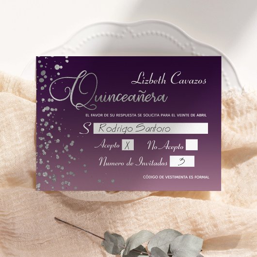 Invitation Vin mauve mauve Argent Confetti Quinceanera RSVP