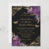 Invitation Vin pourpre Floral Antique Ornate Mariage or (Devant)