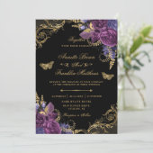 Invitation Vin pourpre Floral Antique Ornate Mariage or (Debout devant)