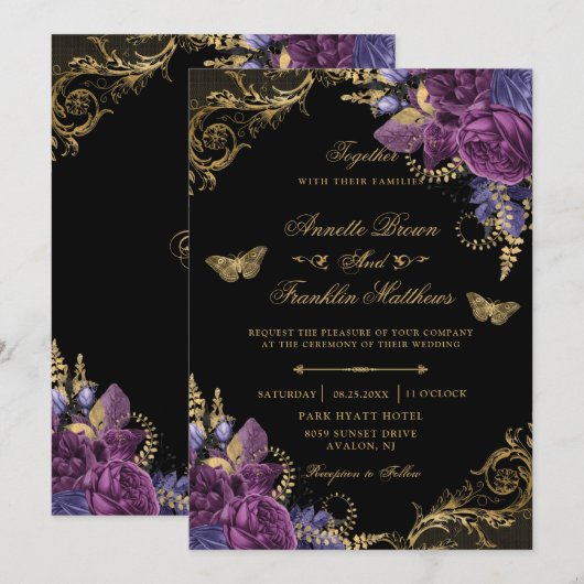 Invitation Vin pourpre Floral Antique Ornate Mariage or (Devant / Derrière)
