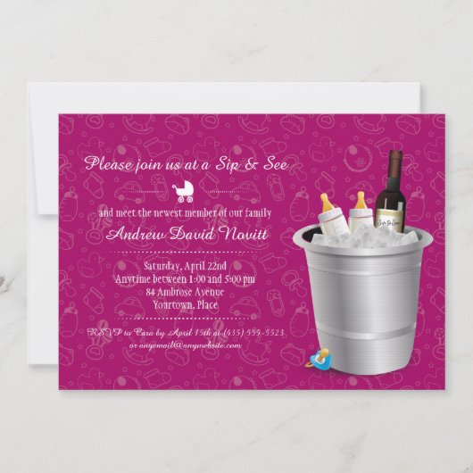 Invitation Vin rose et Bouteilles bébé Siroter et voir Baby s (Devant)